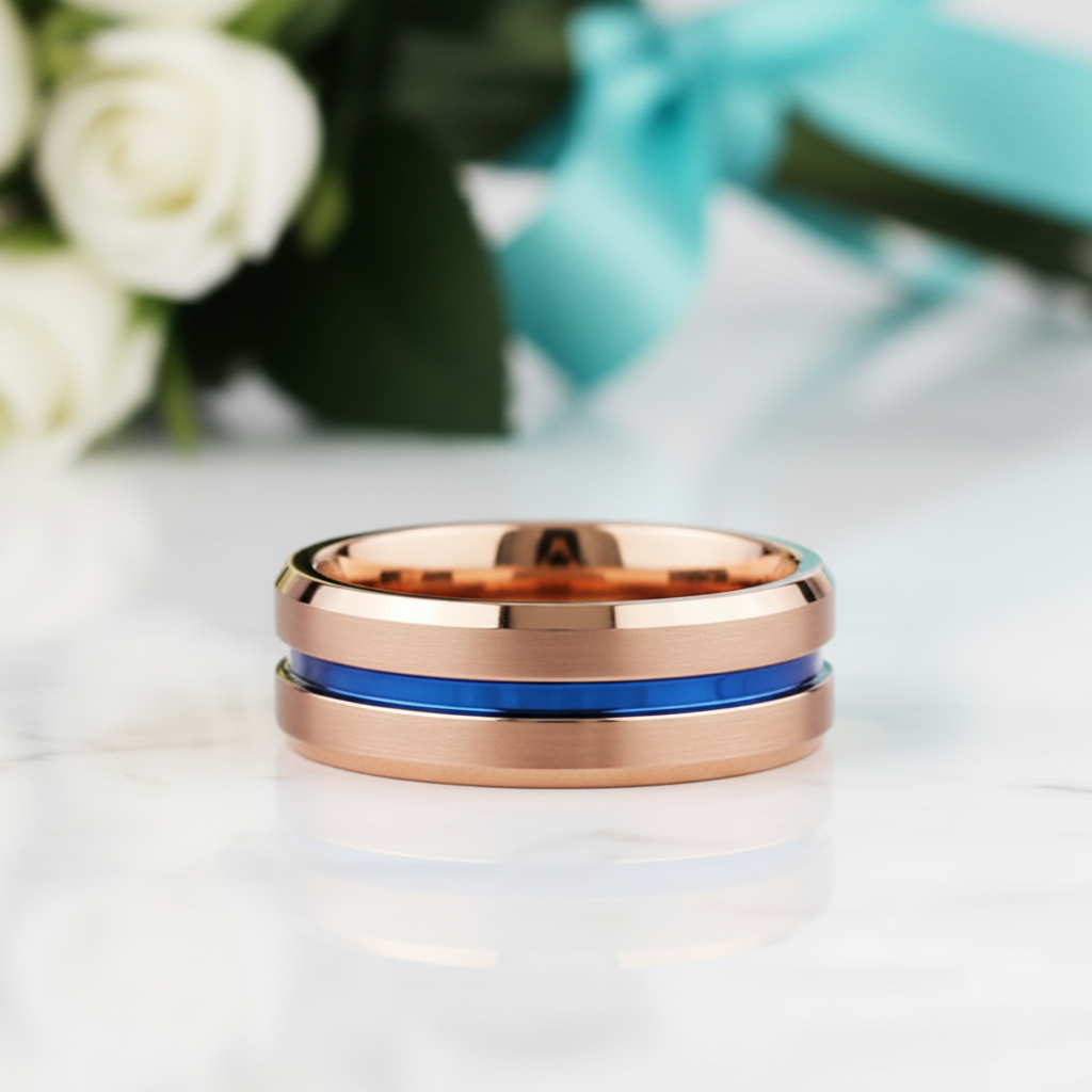 8mm Rose Gold Men's Tungsten Wedding Band with Blue Line-Evani Jewelry