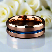 8mm Rose Gold Men's Tungsten Wedding Band with Blue Line-Evani Naomi Jewelry