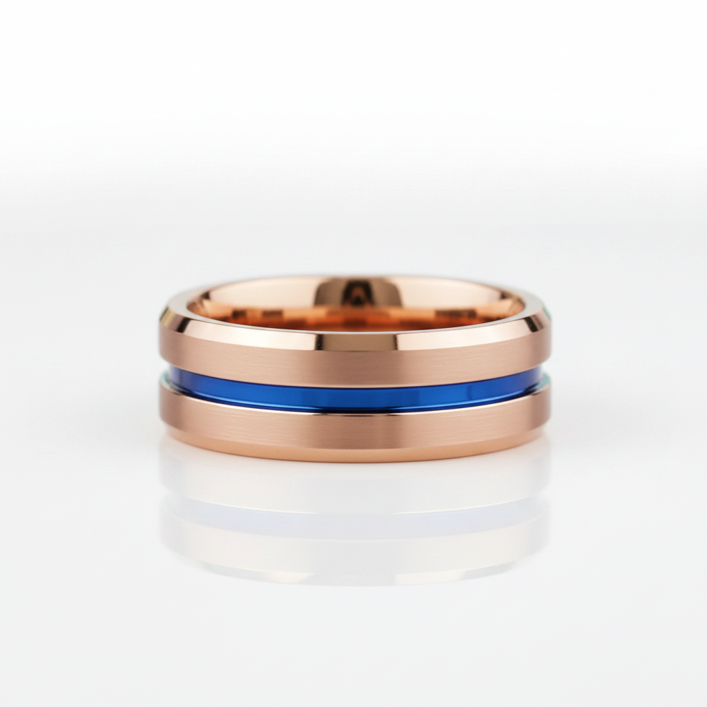 8mm Rose Gold Men's Tungsten Wedding Band with Blue Line - Evani Naomi Jewelry