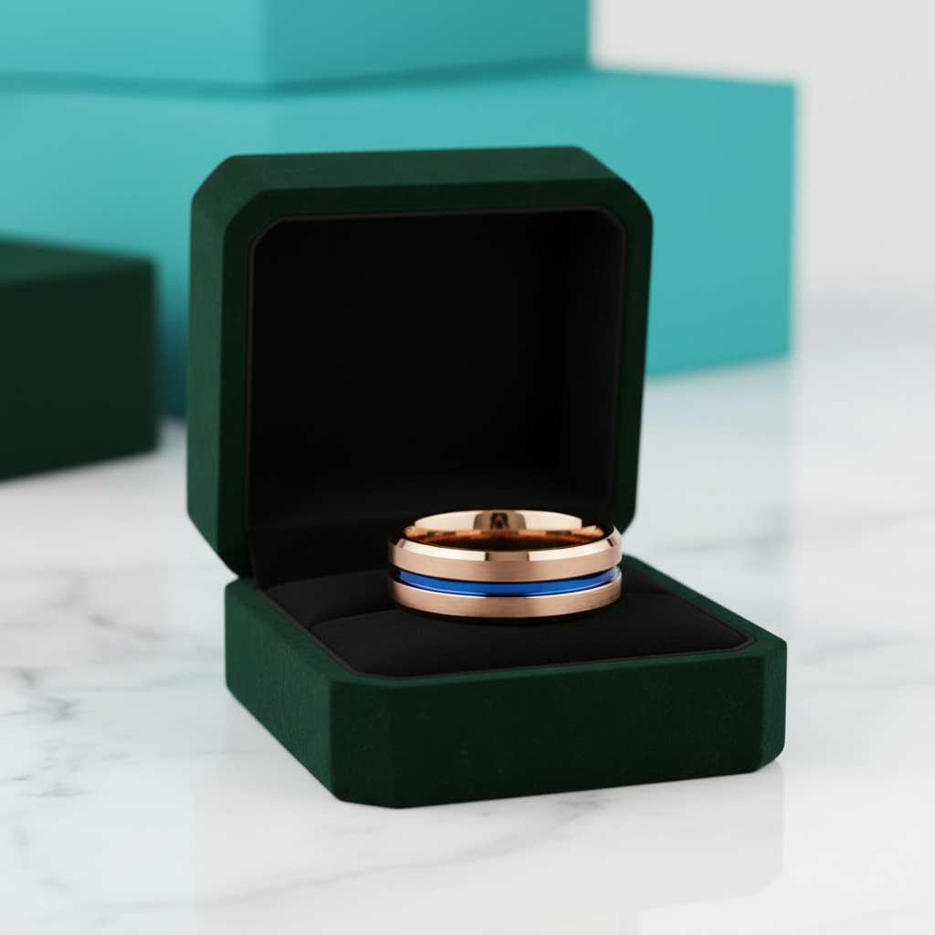8mm Rose Gold Men's Tungsten Wedding Band with Blue Line - Evani Naomi Jewelry