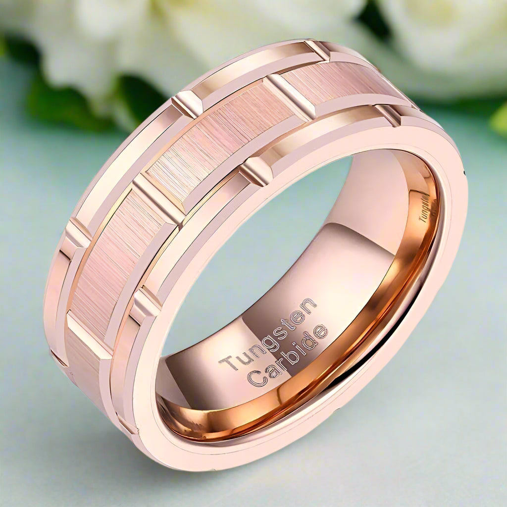 8mm Rose Gold Men's Tungsten Wedding Band with Brick Pattern-Evani Naomi Jewelry