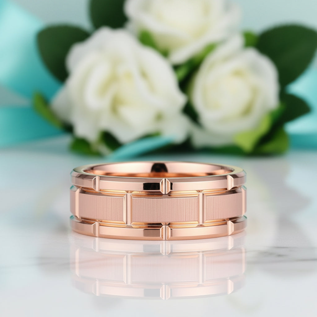 8mm Rose Gold Men's Tungsten Wedding Band with Brick Pattern-Evani Jewelry