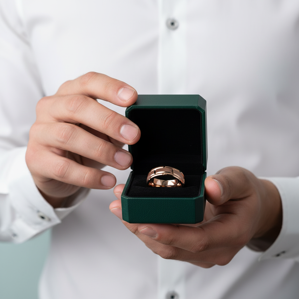 8mm Rose Gold Men's Tungsten Wedding Band with Brick Pattern - Evani Naomi Jewelry