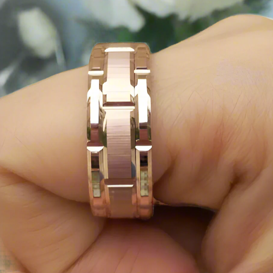 8mm Rose Gold Men's Tungsten Wedding Band with Brick Pattern-Evani Naomi Jewelry