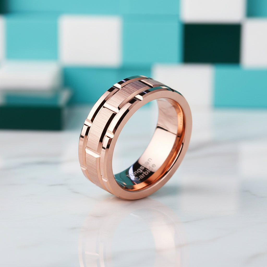8mm Rose Gold Men's Tungsten Wedding Band with Brick Pattern-Evani Jewelry
