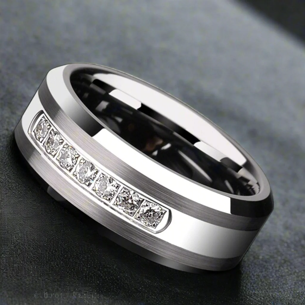 8mm Tungsten Carbide Men's Wedding Band with EVN Diamond Alternative-Evani Naomi Jewelry