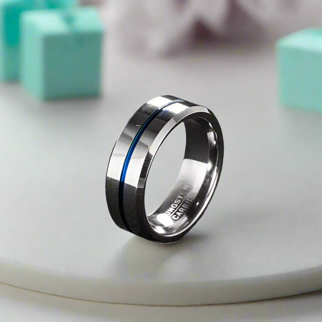 8mm Tungsten Carbide Men's Wedding Band with Thin Blue Line-Evani Naomi Jewelry
