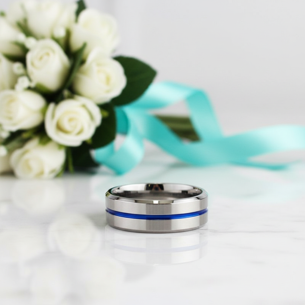 8mm Tungsten Carbide Men's Wedding Band with Thin Blue Line - Evani Naomi Jewelry