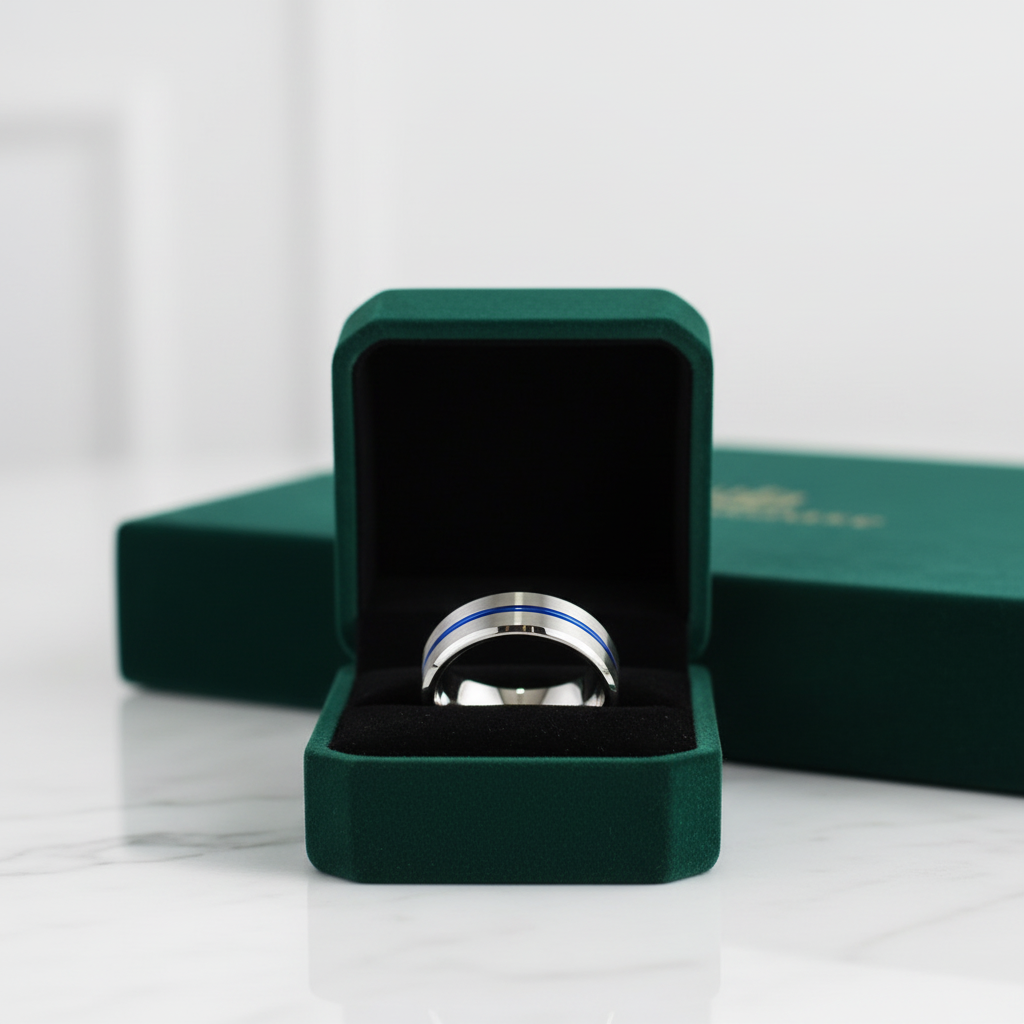 8mm Tungsten Carbide Men's Wedding Band with Thin Blue Line - Evani Naomi Jewelry