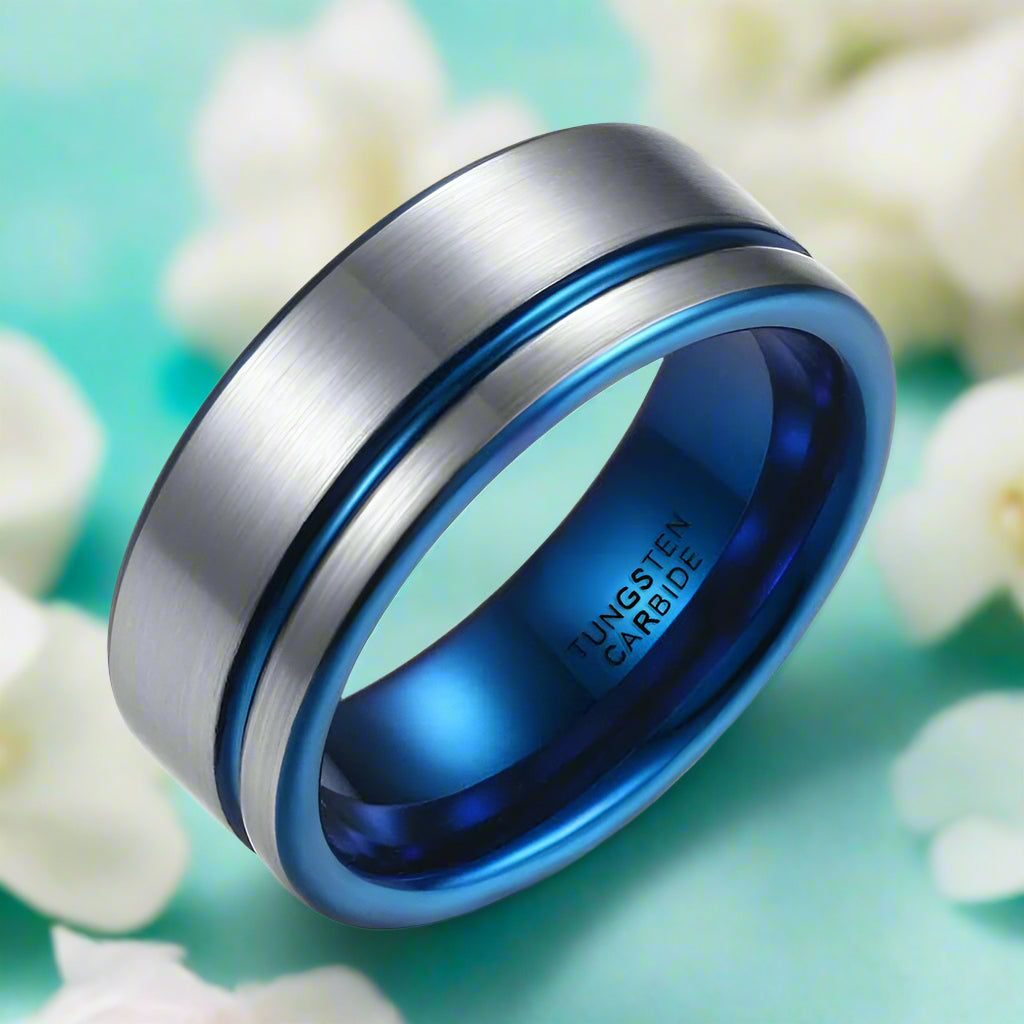 8mm Tungsten Men's Wedding Band with Blue Line-Evani Jewelry