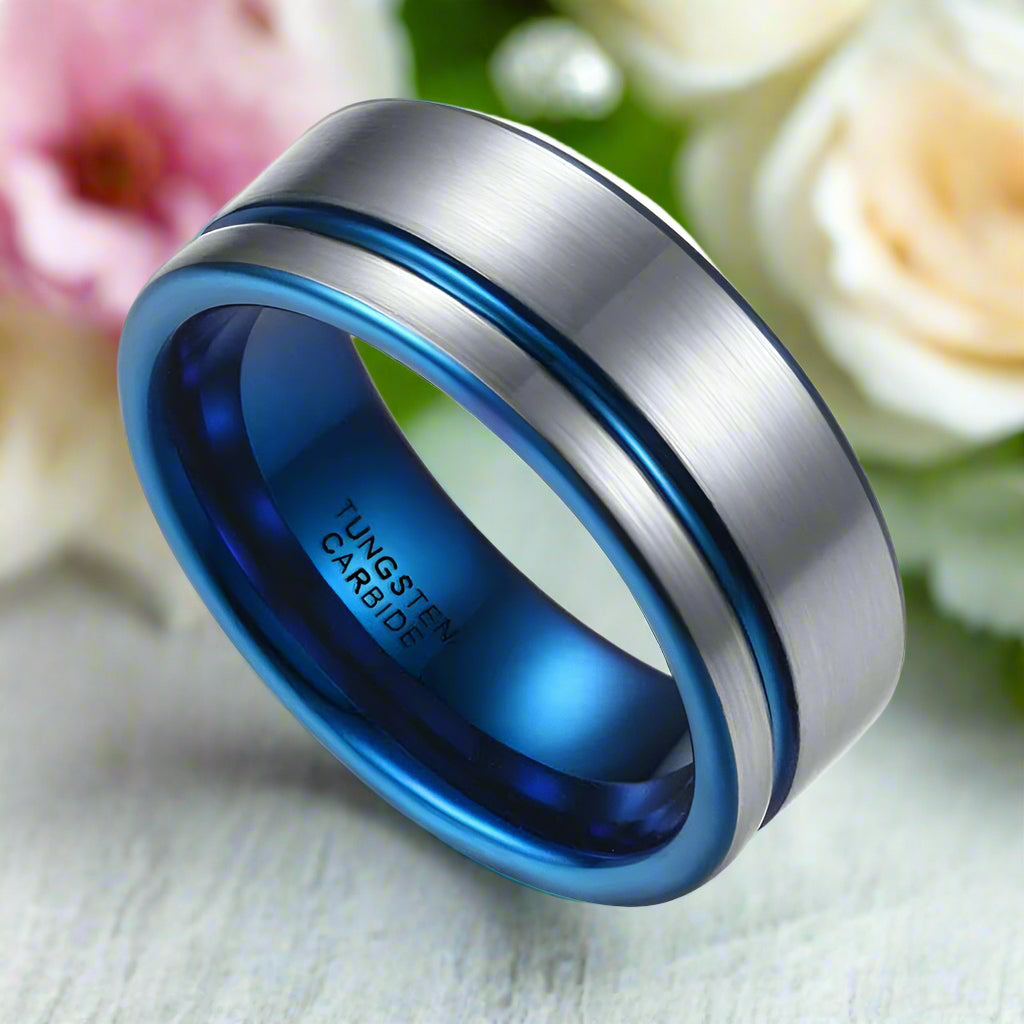 8mm Tungsten Men's Wedding Band with Blue Line-Evani Naomi Jewelry