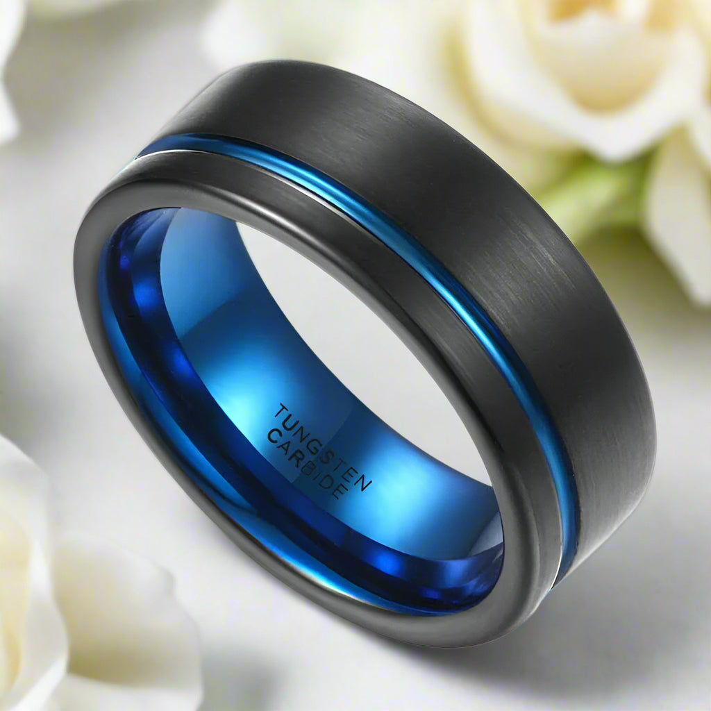 8mm Tungsten Men's Wedding Band with Blue Line-Evani Jewelry