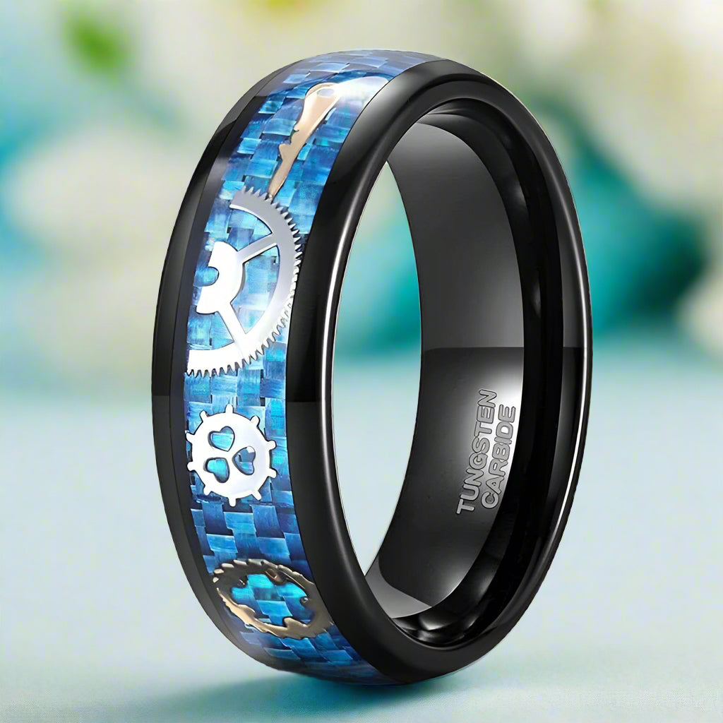 8mm Tungsten Men's Wedding Band with Steampunk Inlay-Evani Naomi Jewelry