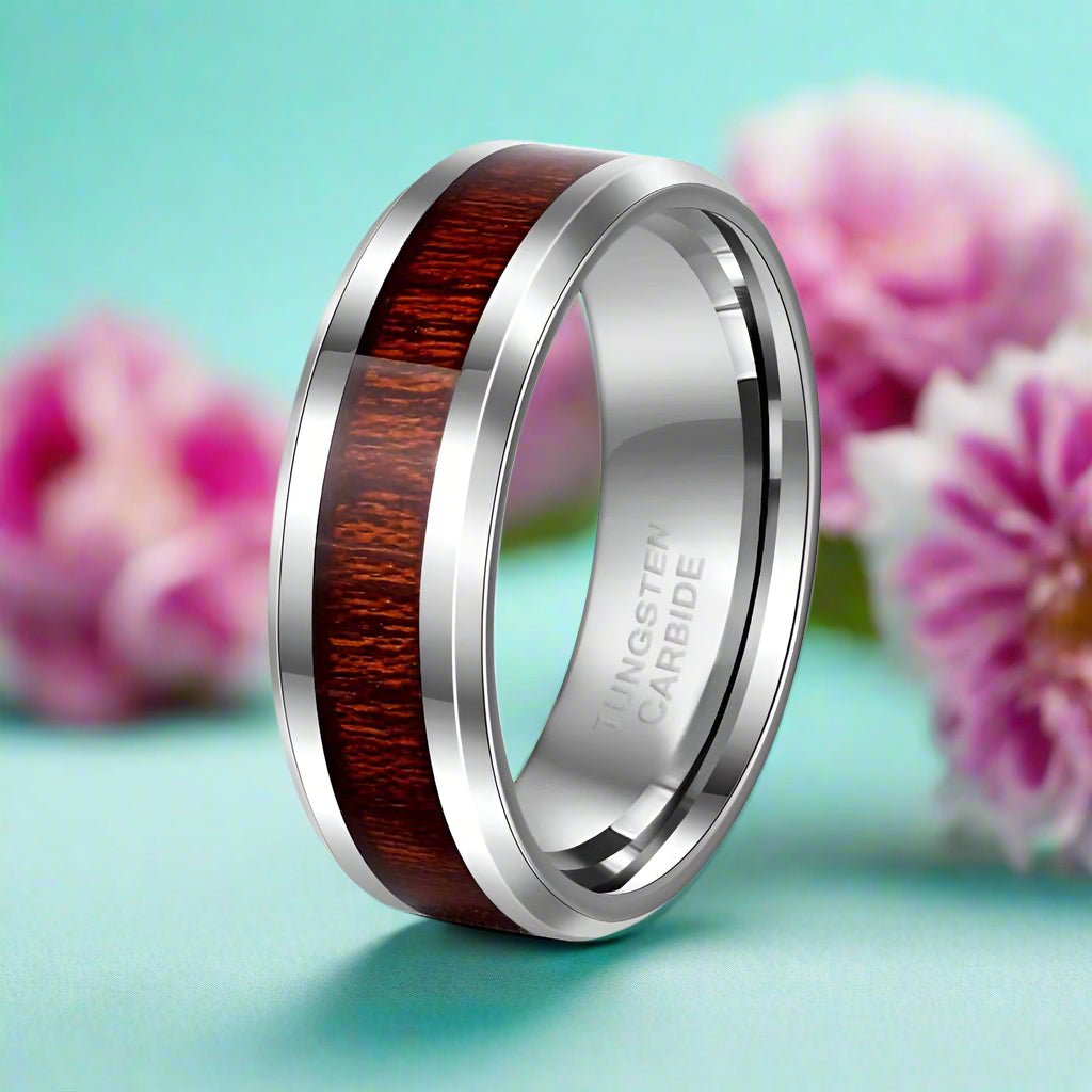 8mm Tungsten Men's Wedding Band with Wood Inlay-Evani Jewelry