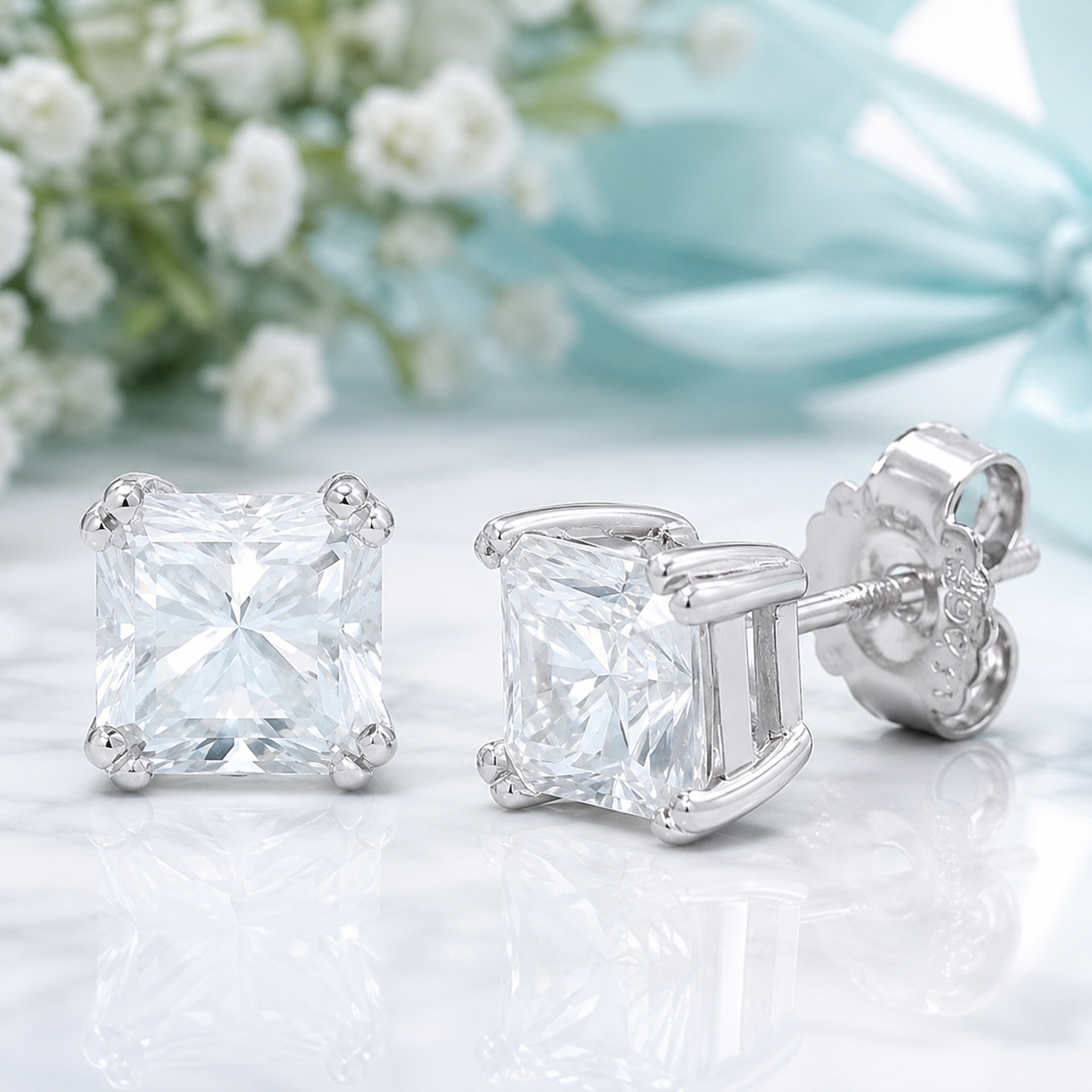 A pair of princess-cut clear gemstone stud earrings in a silver-tone setting, shown on a reflective white surface with soft white flowers and a light blue satin bow in the background.