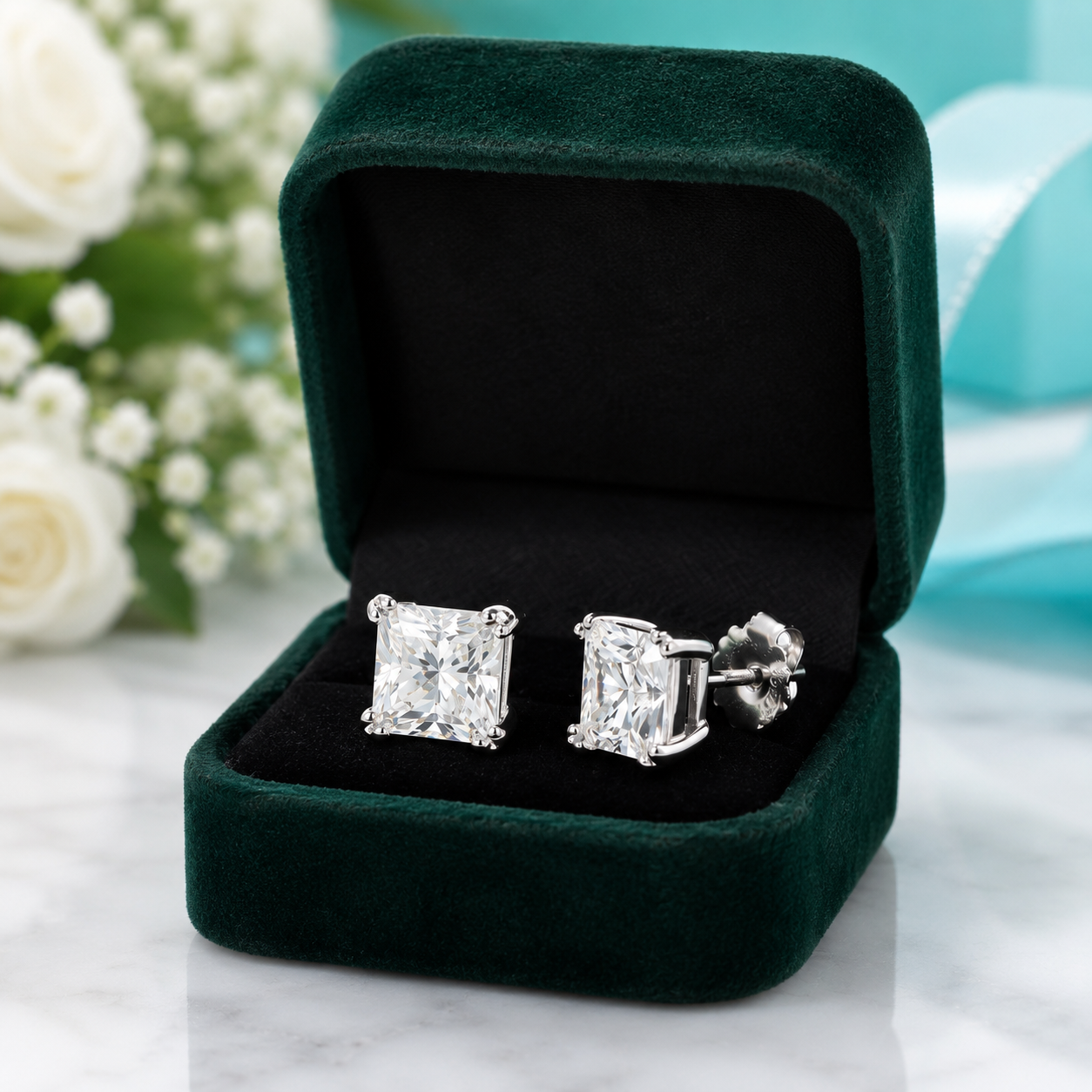 A pair of square princess-cut stud earrings in silver-tone setting, displayed inside an open dark green velvet jewelry box on a white marble surface with blurred white flowers and a turquoise ribbon in the background.