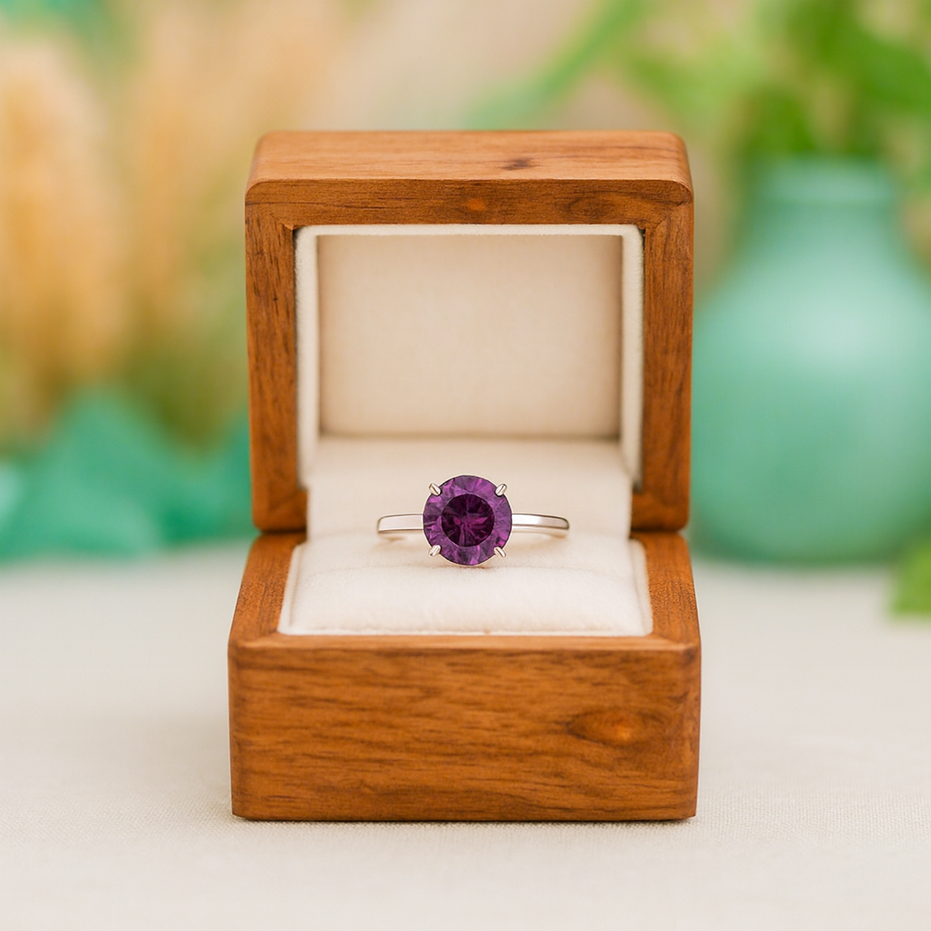 Amethyst ring in a wooden box with a blurred natural background