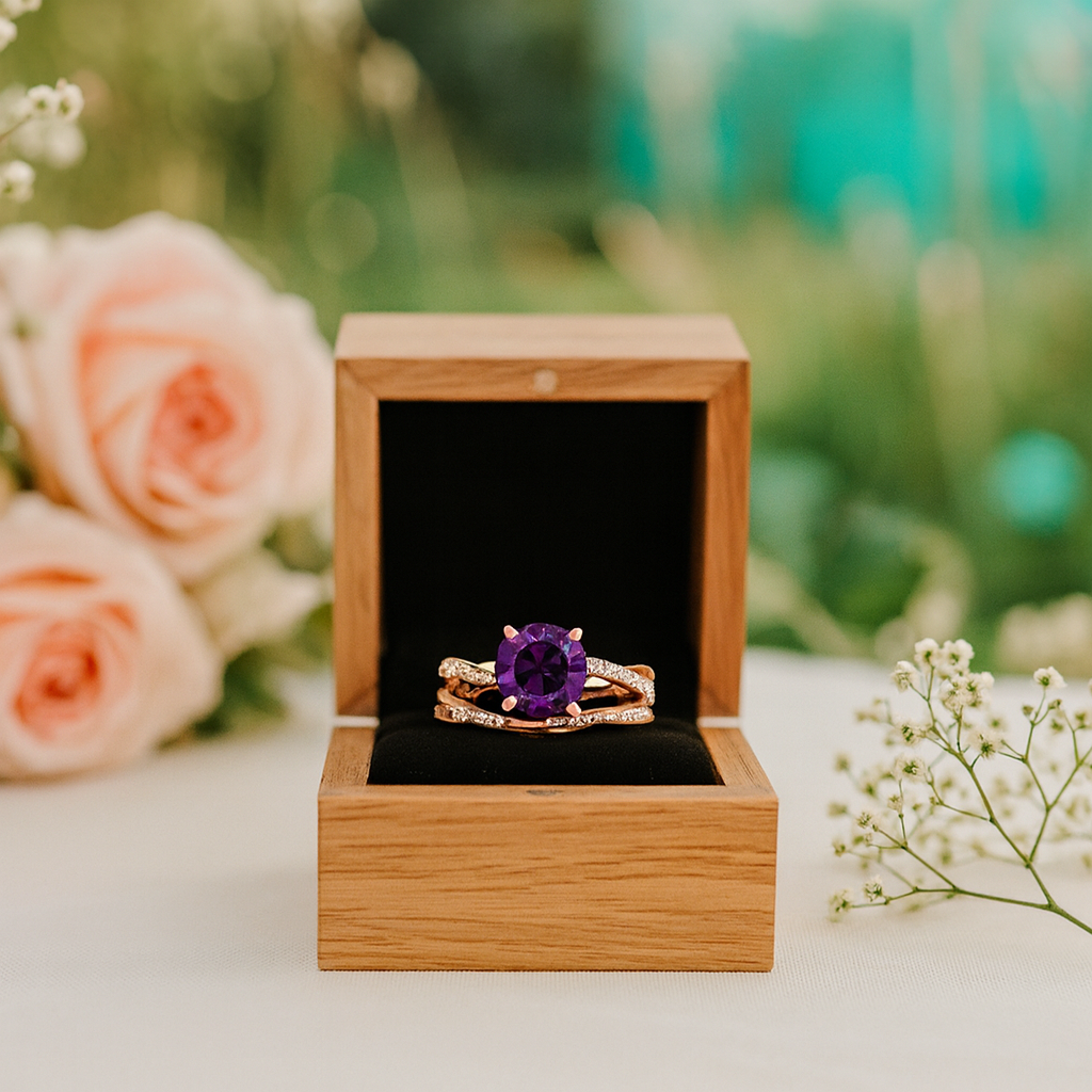 Amethyst ring in a wooden box with flowers in the background