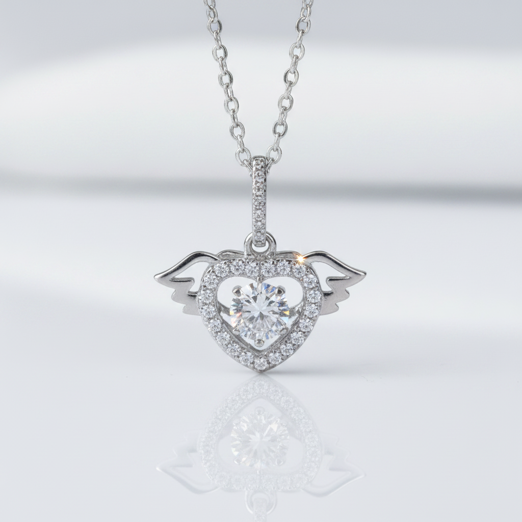 Angel's Wings Dancing Diamond Option Heart Necklace