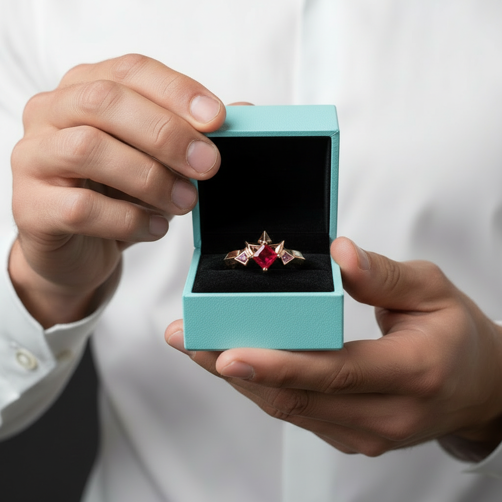 Two-Piece Ring Set in Ruby Princess-cut 14k Yellow Gold-Evani Jewelry