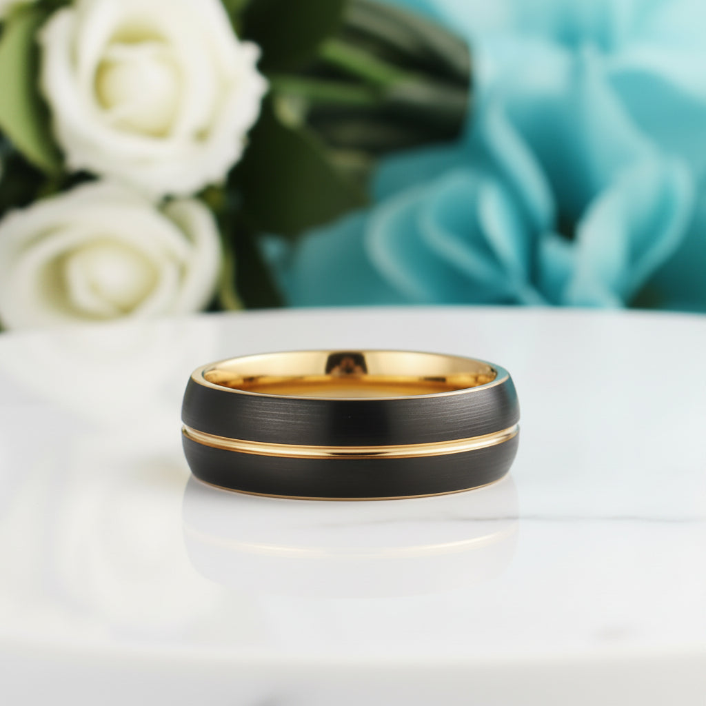 Asymmetric Gold Thread Two Tone Tungsten Wedding Band-Evani Jewelry