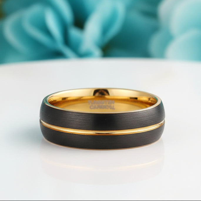 Asymmetric Gold Thread Two Tone Tungsten Wedding Band-Evani Naomi Jewelry