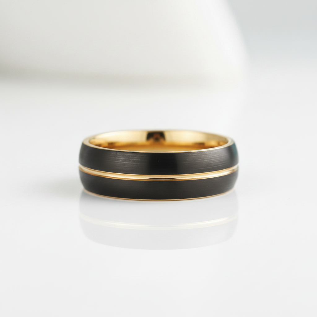 Asymmetric Gold Thread Two Tone Tungsten Wedding Band - Evani Naomi Jewelry