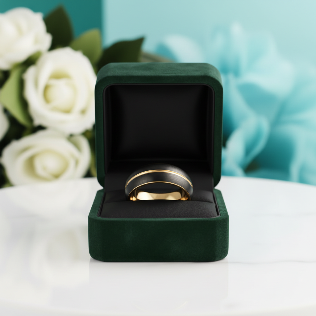 Asymmetric Gold Thread Two Tone Tungsten Wedding Band - Evani Naomi Jewelry