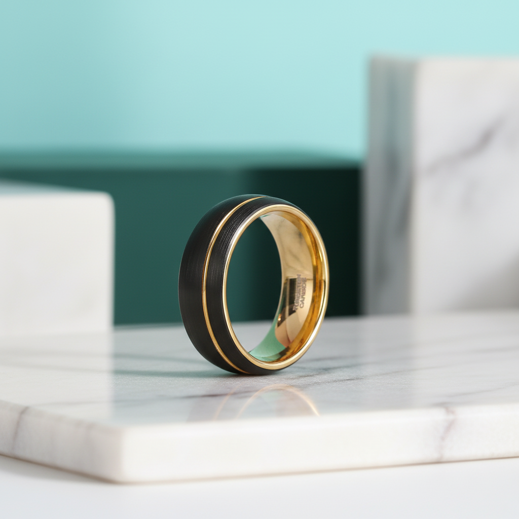 Asymmetric Gold Thread Two Tone Tungsten Wedding Band-Evani Jewelry