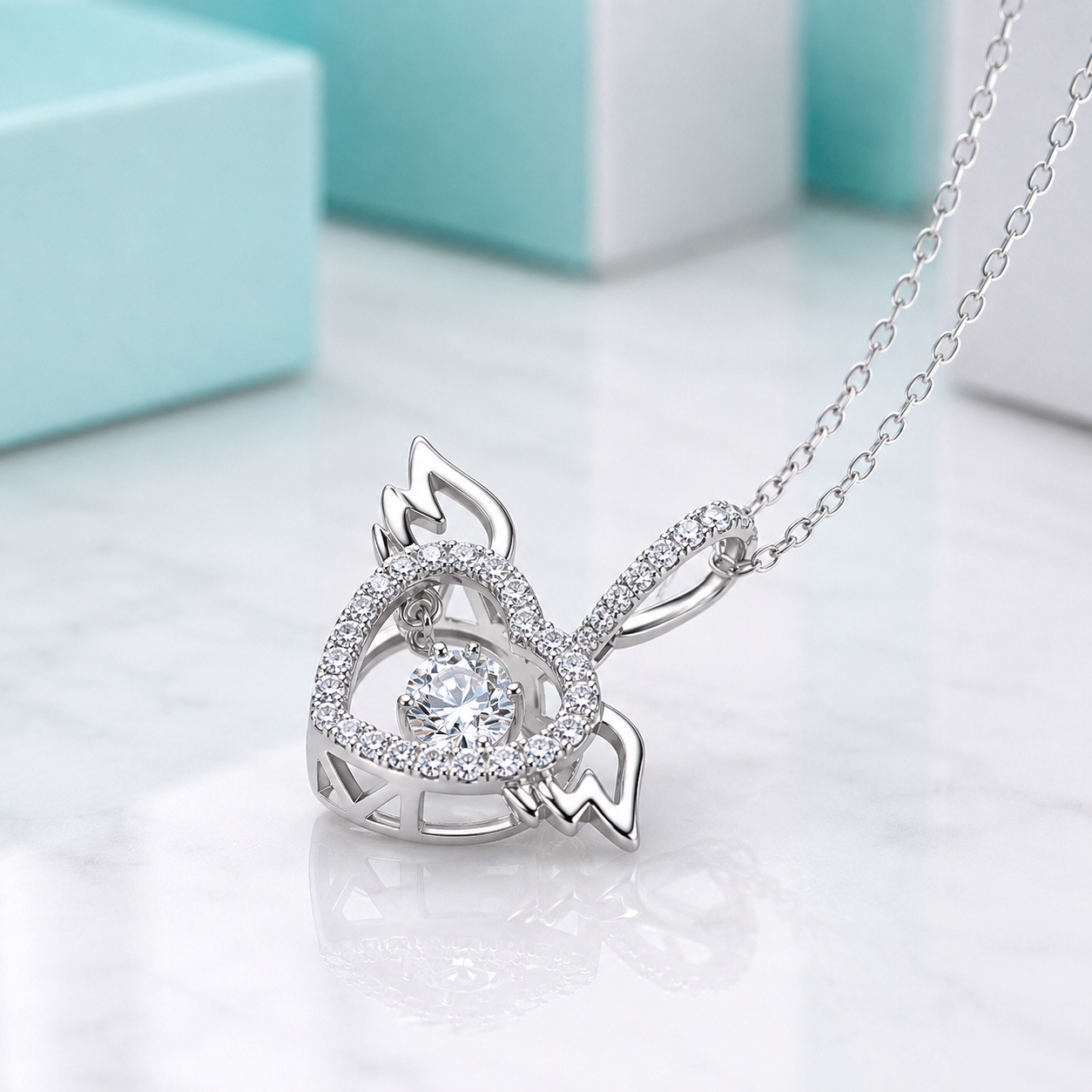 Angel's Wings Dancing Diamond Option Heart Necklace
