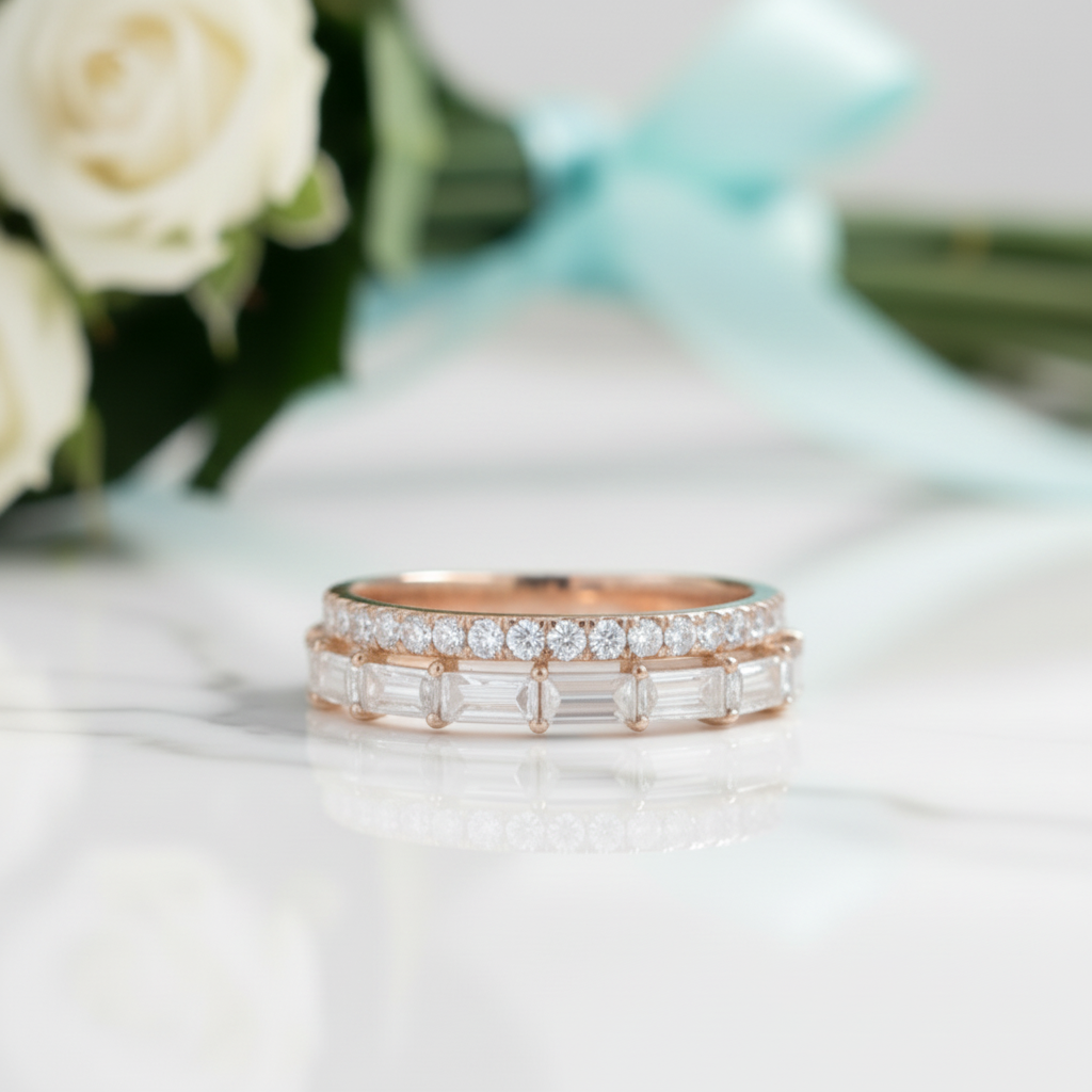 Baguette and Round Diamond Option Wedding Band - Evani Naomi Jewelry