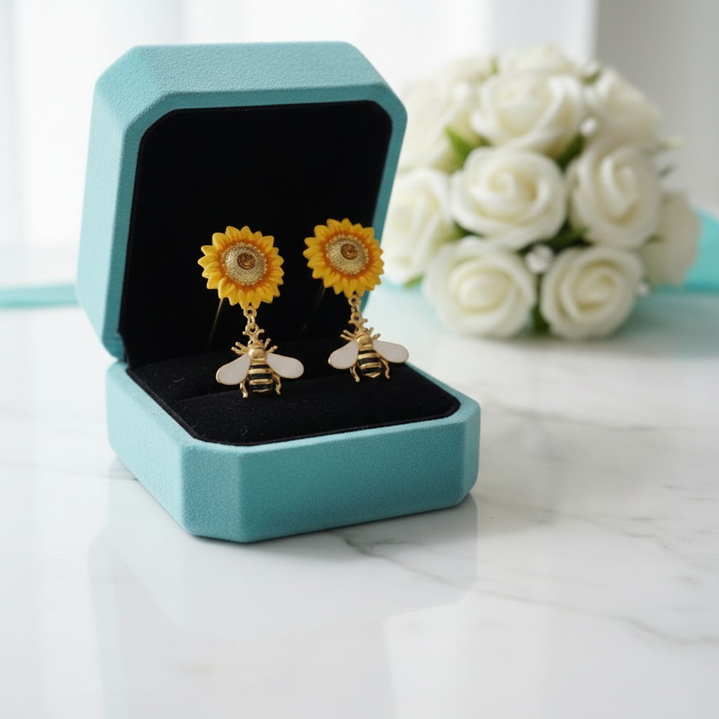 Bee and Sunflower Topaz Birthstone Earrings