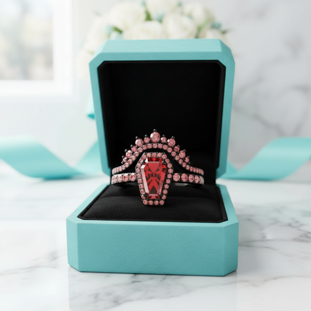 Best Love Gothic Wedding Rings in Rare Coffin Cut Ruby Birthstone-Evani Jewelry