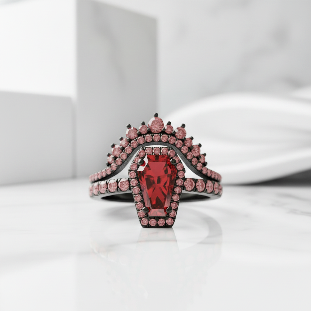 Best Love Gothic Wedding Rings in Rare Coffin Cut Garnet Birthstone-Evani Jewelry