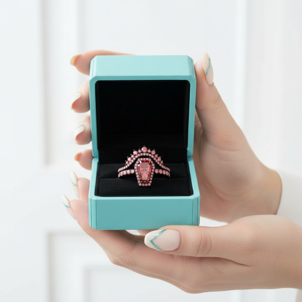 Best Love Gothic Wedding Rings in Rare Coffin Cut Ruby Birthstone-Evani Jewelry