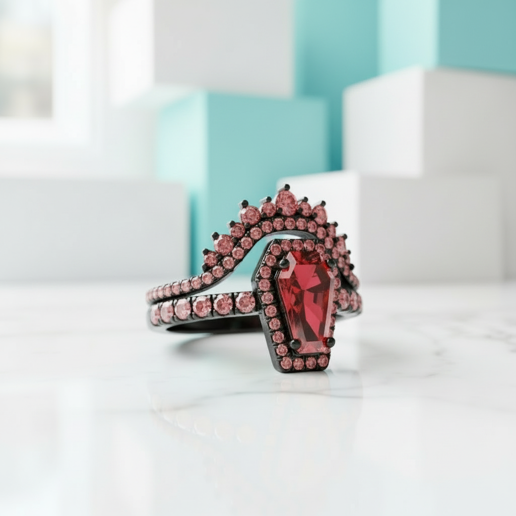 Best Love Gothic Wedding Rings in Rare Coffin Cut Ruby Birthstone-Evani Jewelry