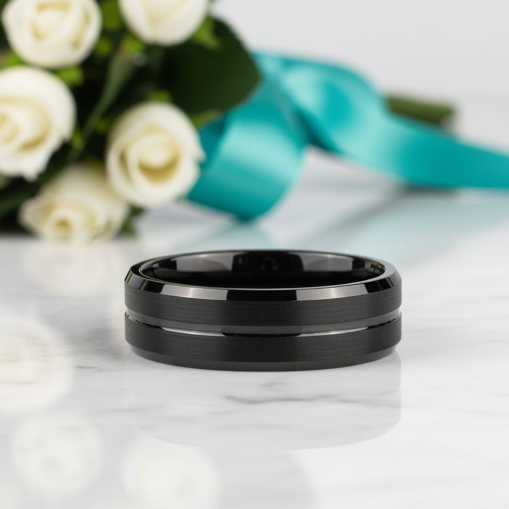 Beveled Black Tungsten Men's Wedding Band-Evani Jewelry