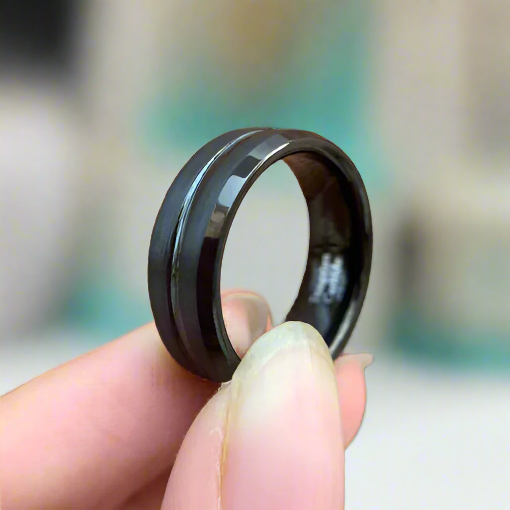 Beveled Black Tungsten Men's Wedding Band-Evani Naomi Jewelry