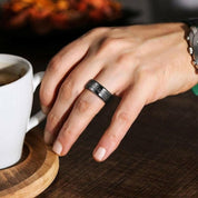 Beveled Black Tungsten Men's Wedding Band with Silk Inlay-Evani Naomi Jewelry