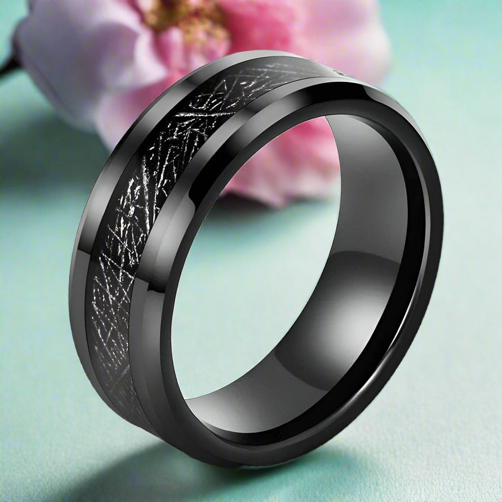 Beveled Black Tungsten Men's Wedding Band with Silk Inlay-Evani Naomi Jewelry