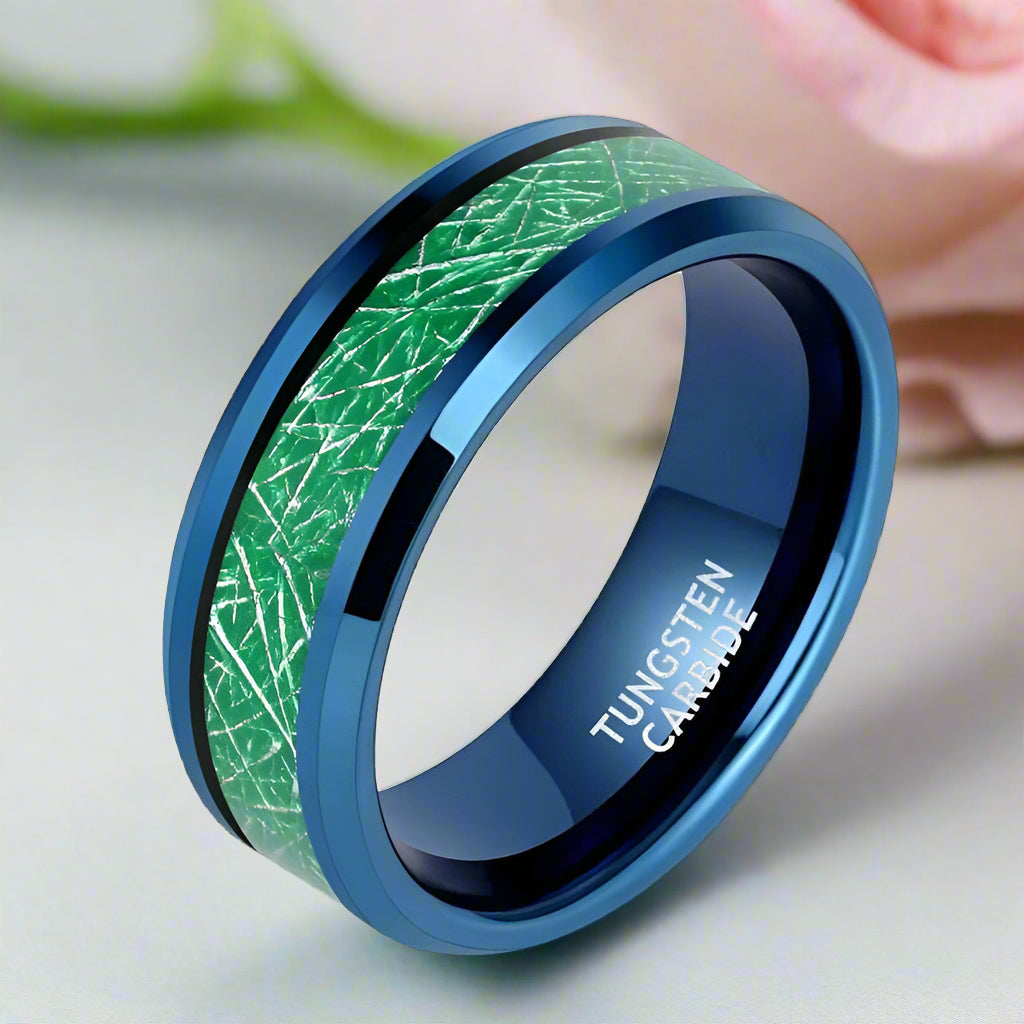 Beveled Black Tungsten Men's Wedding Band with Silk Inlay-Evani Naomi Jewelry
