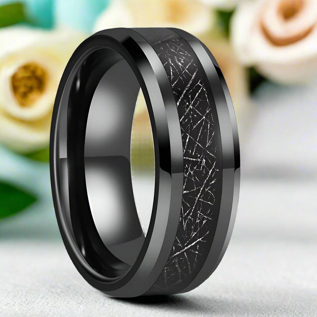 Beveled Black Tungsten Men's Wedding Band with Silk Inlay-Evani Naomi Jewelry