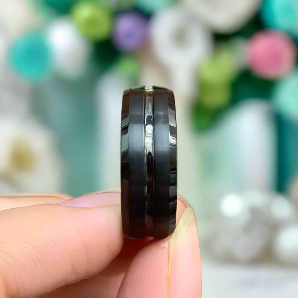 Beveled Black Tungsten Men's Wedding Band-Evani Naomi Jewelry
