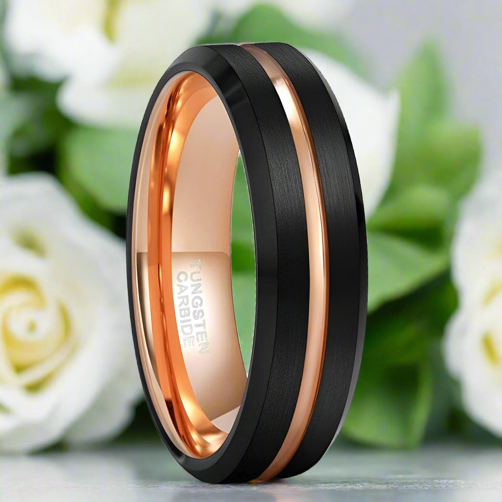 Beveled Edge Black & Rose Gold Tungsten Men's Wedding Band-Evani Jewelry