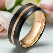 Beveled Edge Black & Rose Gold Tungsten Men's Wedding Band-Evani Naomi Jewelry