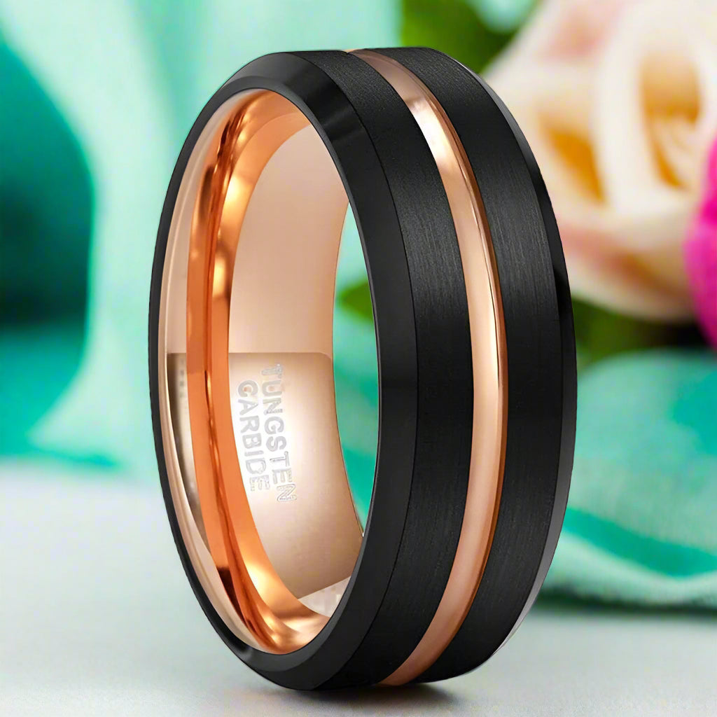 Beveled Edge Black & Rose Gold Tungsten Men's Wedding Band-Evani Jewelry