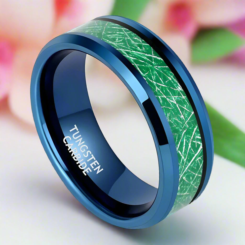 Beveled Edge Blue & Green Tungsten Men's Wedding Band-Evani Naomi Jewelry