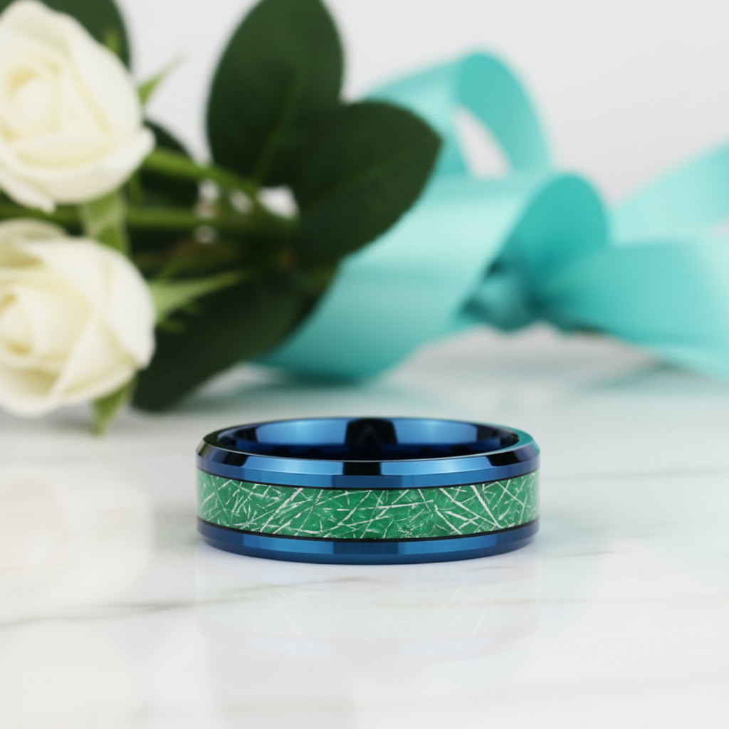 Beveled Edge Blue & Green Tungsten Men's Wedding Band-Evani Jewelry