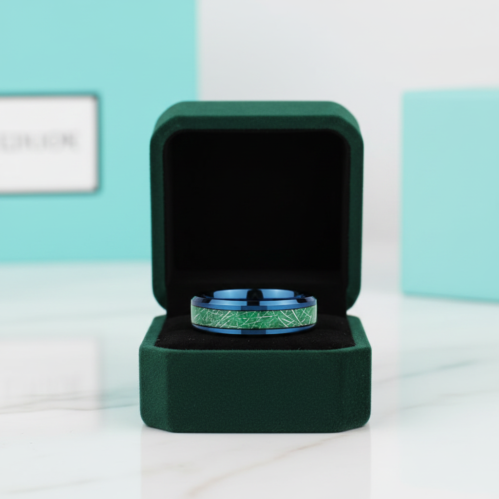 Beveled Edge Blue & Green Tungsten Men's Wedding Band - Evani Naomi Jewelry