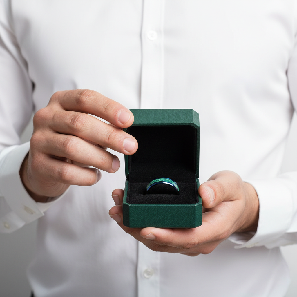 Beveled Edge Blue & Green Tungsten Men's Wedding Band - Evani Naomi Jewelry